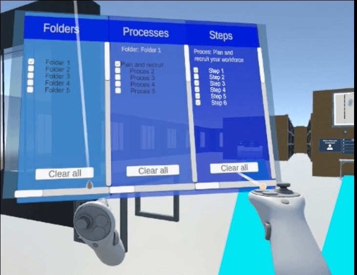 Spatial UI panel — Folders, Processes, Steps columns